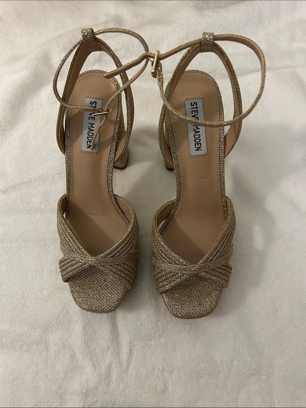 Steve Madden Metallic Gold Knotted Ankle-Strap Block Heels